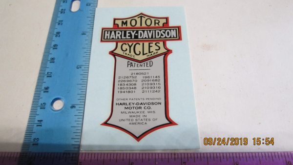 Harley Knucklehead,Panhead,Flathead Oil Tank Patent Decal "Water Slide"