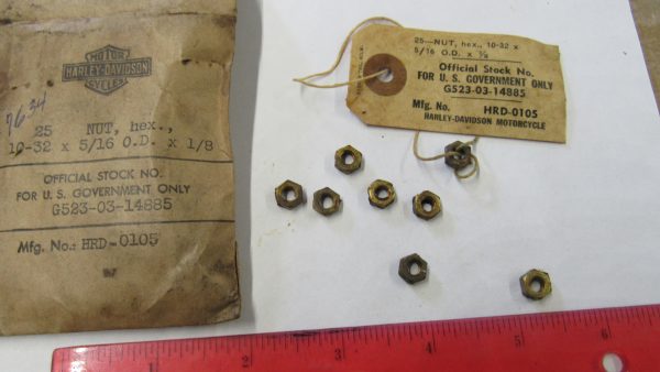 Genuine Harley 10-32  X 24  -5/16 OD X 1/8" Nut.. Part # 7634 or Old Part # 0105 *NOS* (BRASS) - Image 2