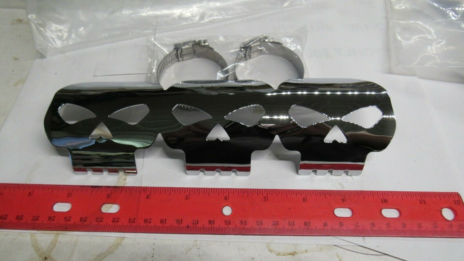 Harley Panhead, Shovelhead, Evolution, Choppers Bobbers ,Etc.. Chrome Skull Heat Shield. 9" Long...