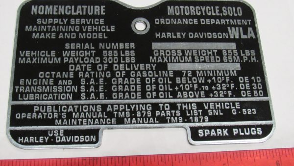 Harley 45 Flathead WLA Identification Data Plate - Image 2