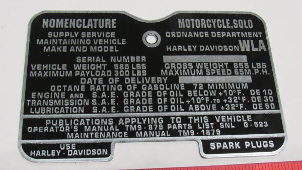 Harley 45 Flathead WLA Identification Data Plate