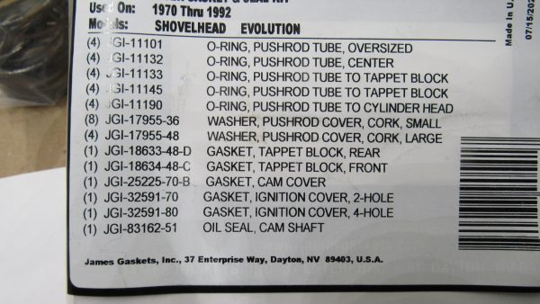 Harley Shovelhead, Evolution James Cam Cover Gasket Kit. 1970-92  P/N 25225-70-K - Image 2