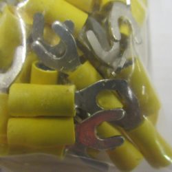 Spade Terminal. Yellow Insulated. Spade Size # 8.  Wire Size 10-12.