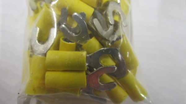 Spade Terminal. Yellow Insulated. Spade Size # 8.  Wire Size 10-12.