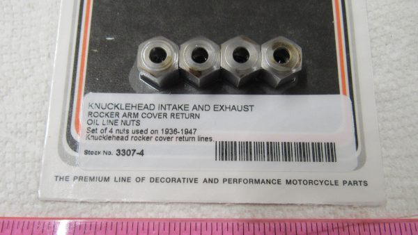 Harley Knucklehead Intake & Exhaust Rocker Arm Cover Return Oil Line Nuts. 1936-47. - Image 3