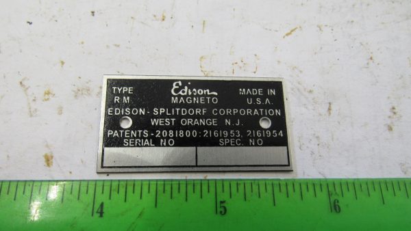 Harley, J, JD VL Indian Edison-Splitdorf Magneto Identification Tag