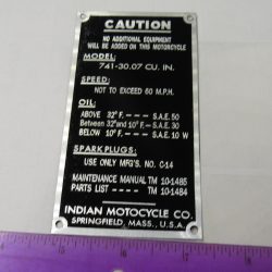 Indian Motorcycle Information Data Plate, ID Tag. **Model 741 -30.07 CU IN**
