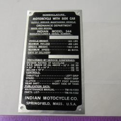 Indian Motorcycle Information Data Plate, ID Tag. **Model 344 With Side Car**