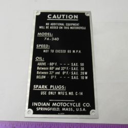 Indian Motorcycle Information Data Plate, ID Tag. **Model 74-340**