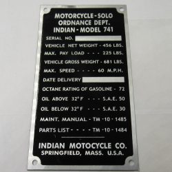 Indian Motorcycle Information Data Plate, ID Tag. **Model 741 -SOLO**