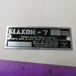 Harley, J, JD VL Indian Klaxon Horn Identification Tag *KLAXON-7* ""Rectangle""